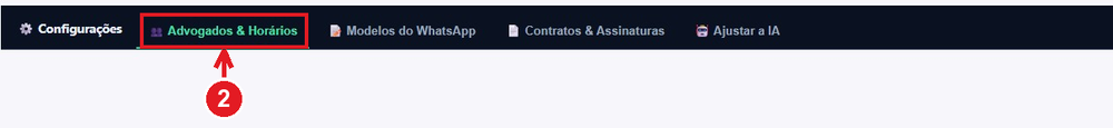 Barra de abas com Advogados & Horários destacada
